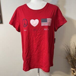 American Summer Women Red Tshirt Size XL 16/18 Peace Love USA Flag Heart NWT